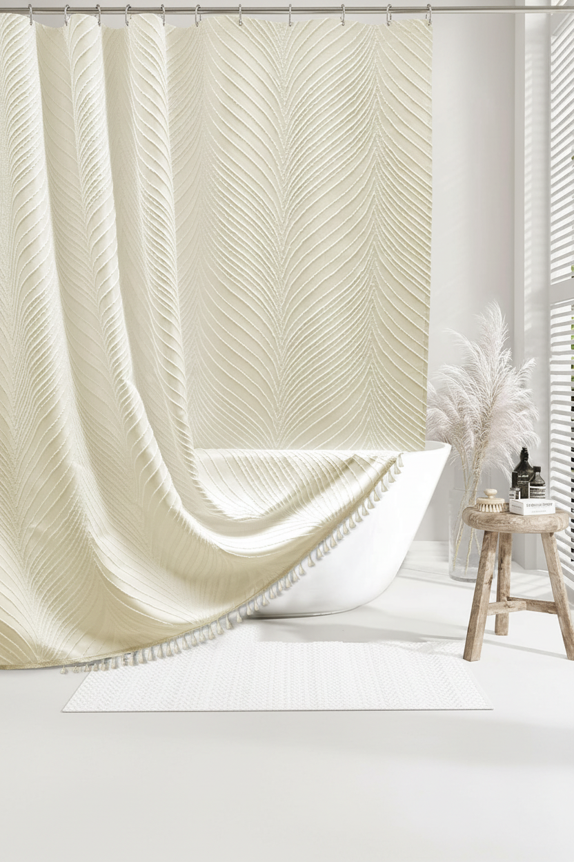 Cream tufted chenille shower curtain draped over a freestanding bath in a warm boho bathroom