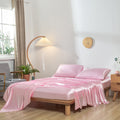 Revdomfly 4 Pcs Full Size Luxury Silky Soft Pink Satin Sheet Set1 Premium Moisture Wicking Fitted Sheet Fits Up to 16 Inches Deep Pocket + 1 Flat Sheet + 2 Pillowcases（Pink Full）
