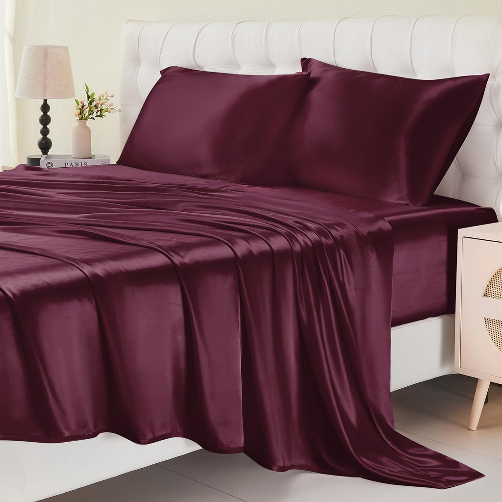 Cibhlea Satin Sheets Twin Size - Luxurious 3-Piece Silky Soft and Cooling Bed Sheet Set with Deep Pocket Fitted Sheet Flat Sheet and Pillowcase (BurgundyTwin)