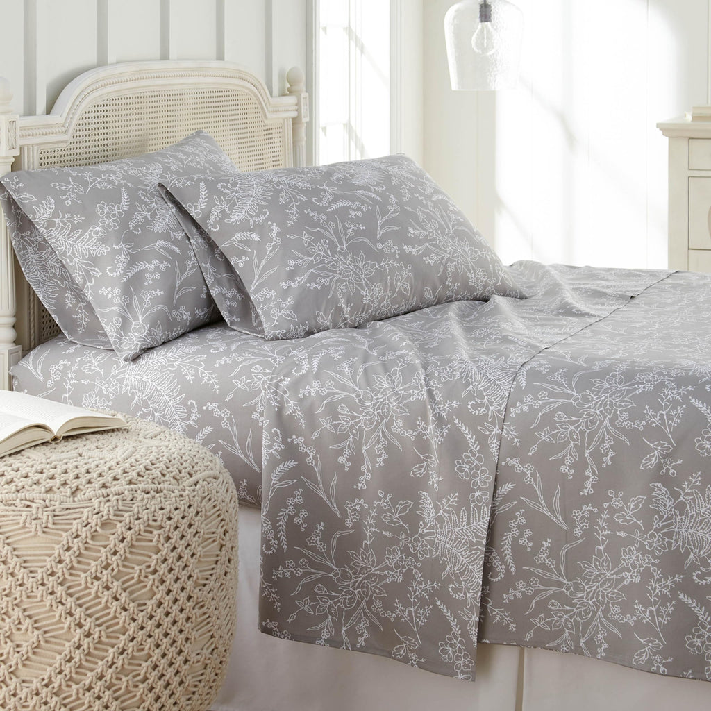 Southshore Fine Living Inc. 4-Piece King Size Sheets Set Deep Pocket Soft Microfiber Floral Sheets King Size - 14" Fitted Sheet King Flat Sheet 42 Pillow Cases Grey Sheets w/White Flowers