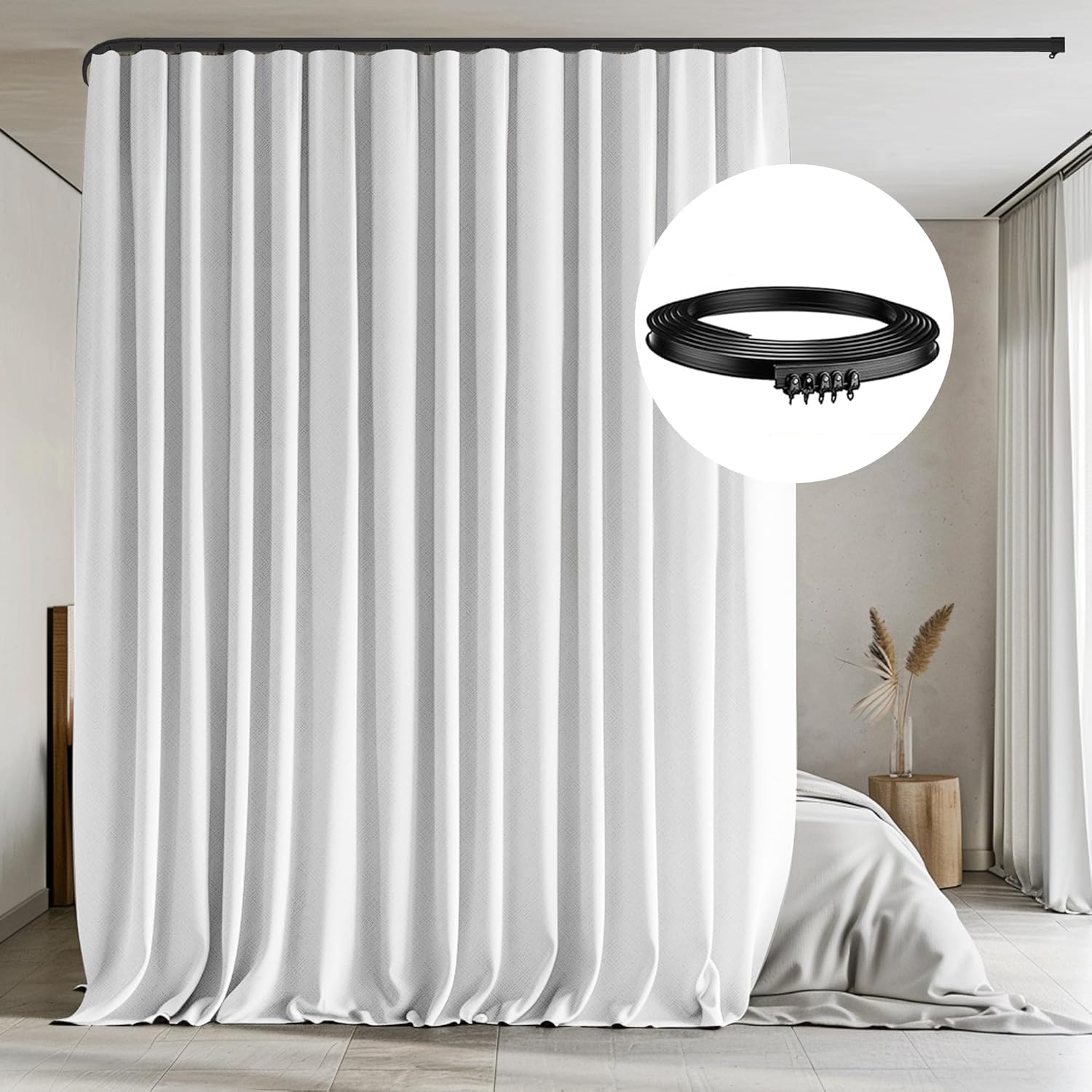 MaKefeile Ceiling Curtain Track Sets Room Divider Curtain Ceiling Track for Curtain Flexible Curtain Track Window Blackout CurtainsW150 x H96 Inch 1Panel White Curtain and Black Track
