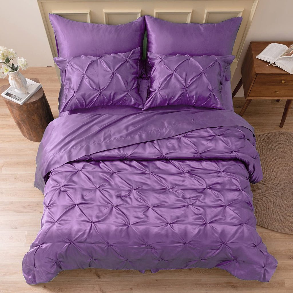 MR&HM Satin Comforter Full 7 Pieces - Luxurious Pinch Pleat Bedding Set with Comforter Flat Sheet Fitted Sheet Pillowcases & Shams Super Silky Soft Bed Set for All Season (Full Lavender)