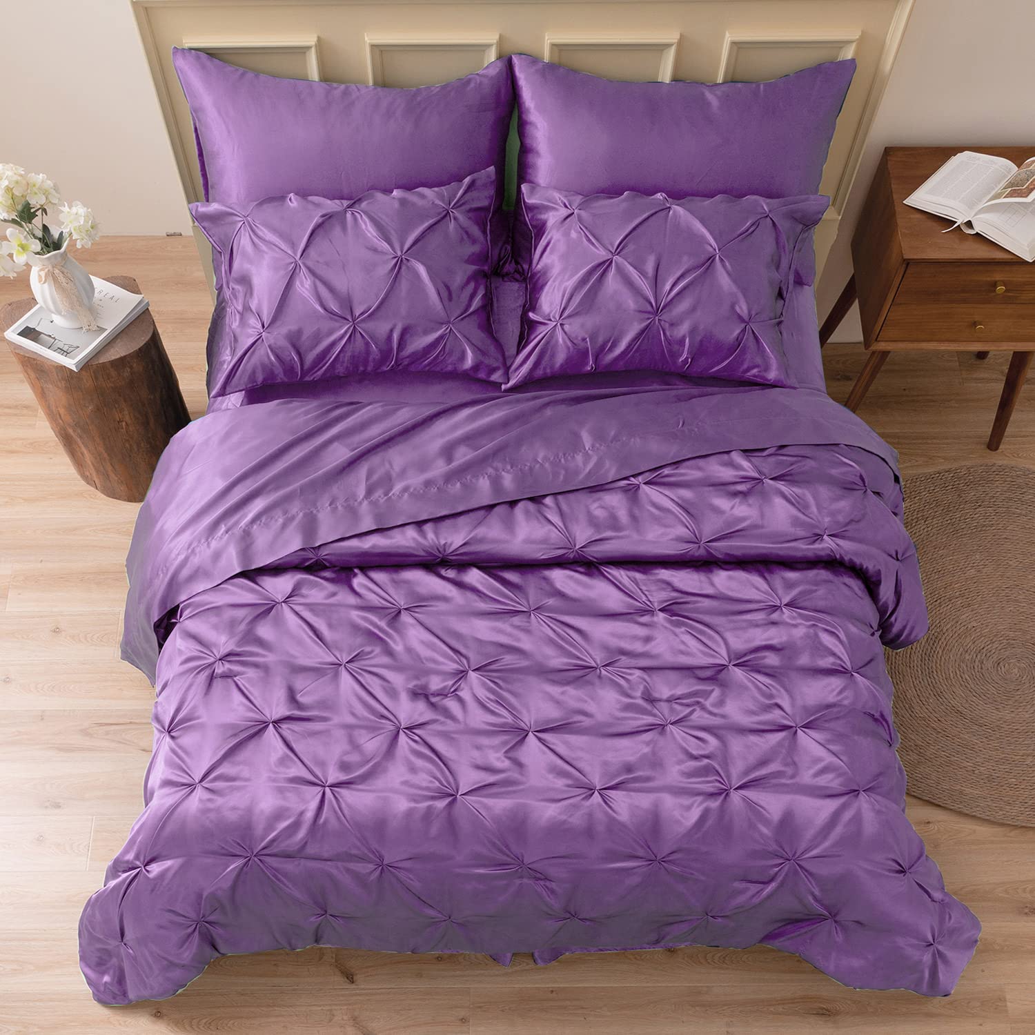 MR&HM Satin Comforter Full 7 Pieces - Luxurious Pinch Pleat Bedding Set with Comforter Flat Sheet Fitted Sheet Pillowcases & Shams Super Silky Soft Bed Set for All Season (Full Lavender)