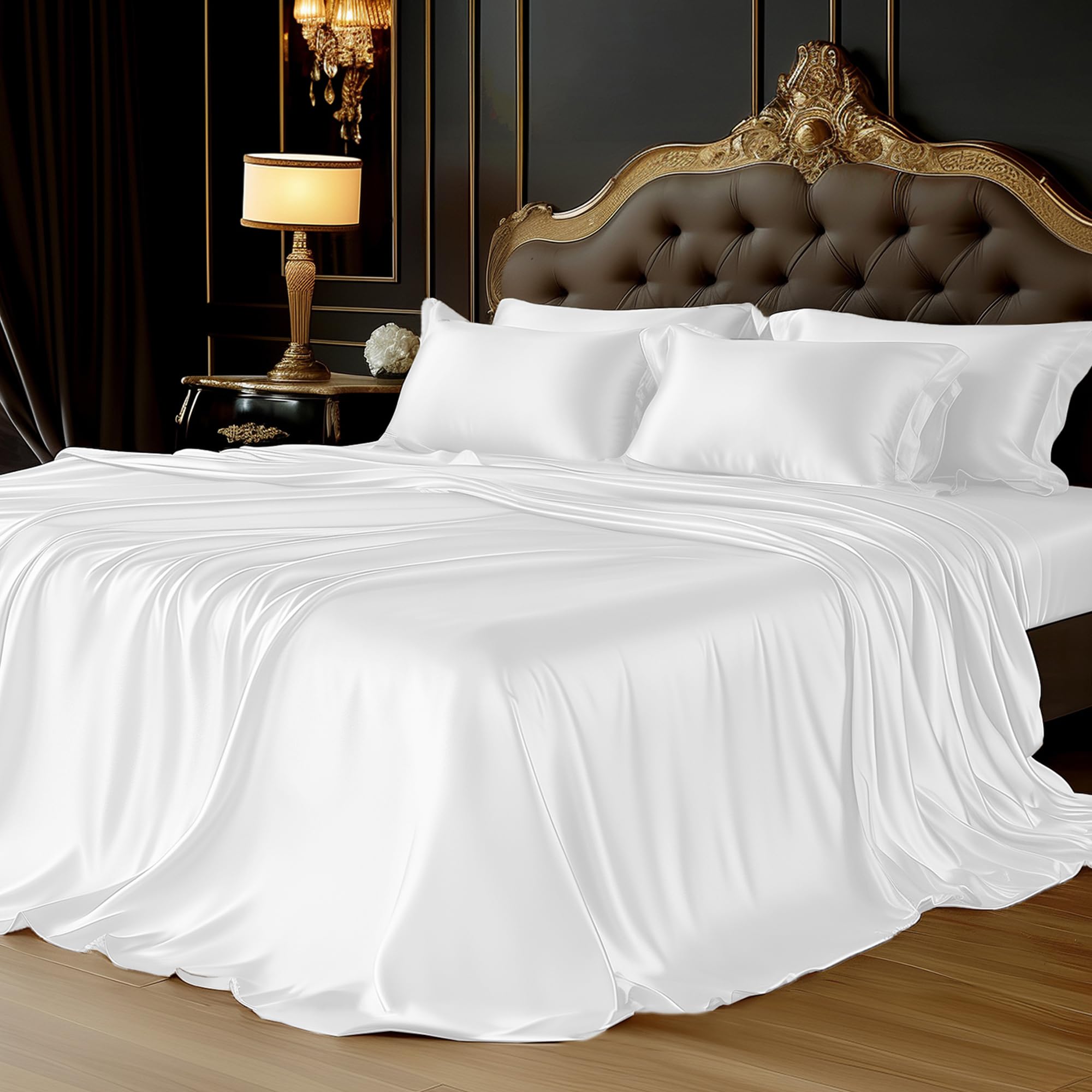 Degrees of Comfort White Satin Bed Sheets Twin Size - 4 Piece Silky Sheet Set with 14 Inches Deep Pockets Soft and Smooth