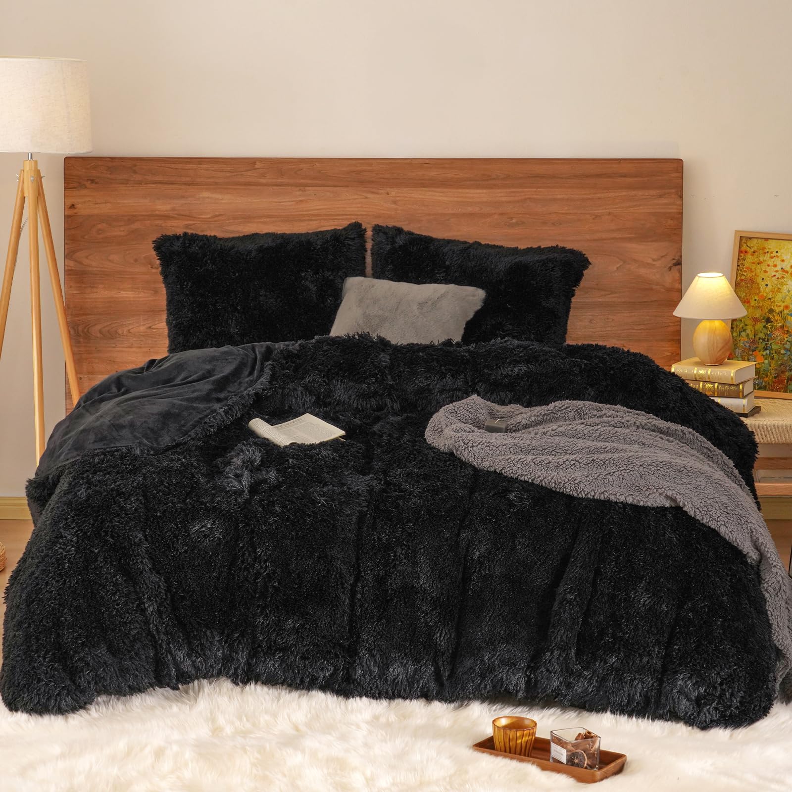 Black Faux Fur Duvet Cover Set