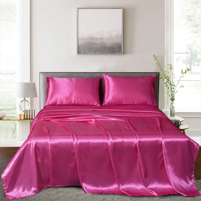 4pcs Satin Fitted Sheet Set with Pillowcases for Bedroom