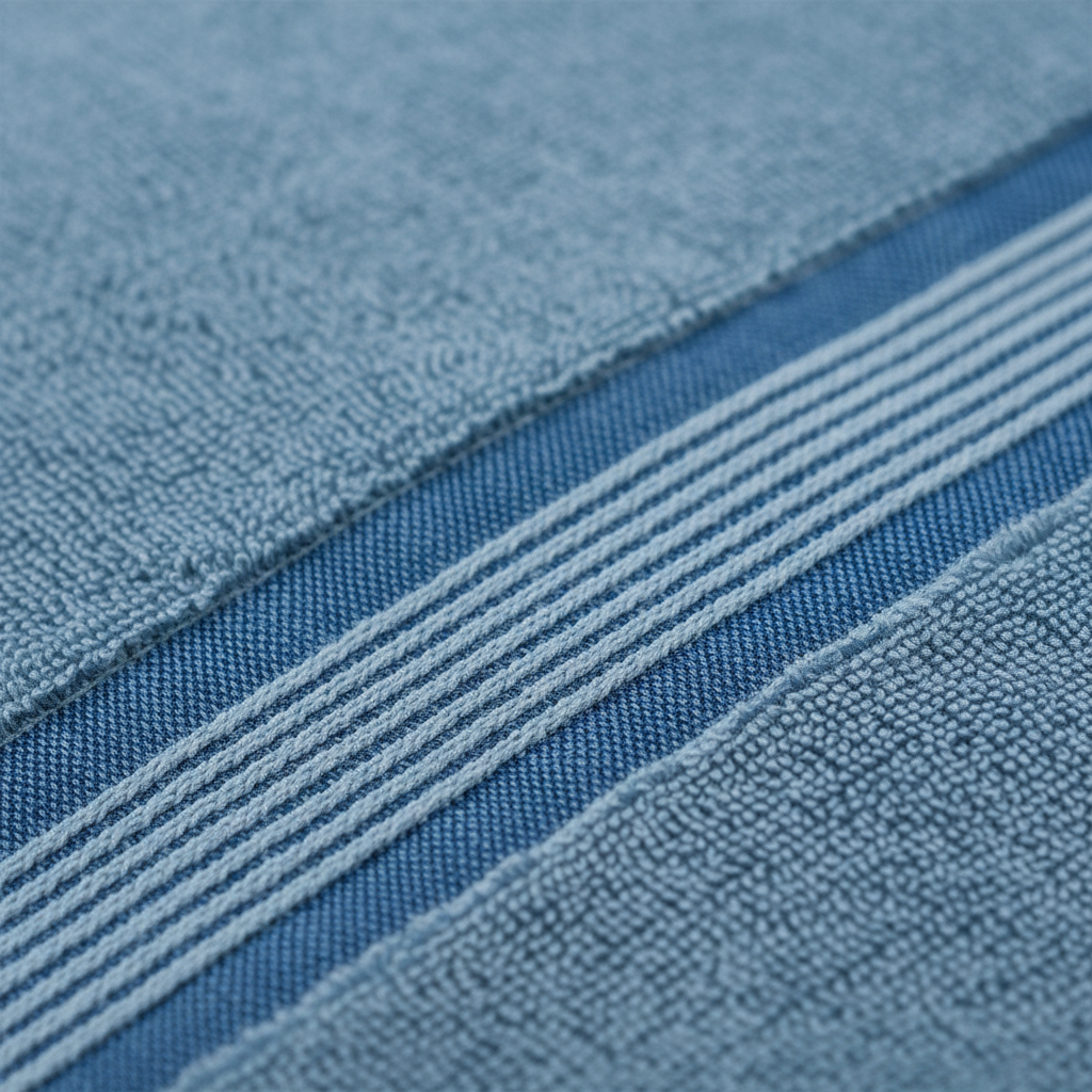 Close-up of plush dusty blue 600 GSM zero-twist cotton towel texture and stripe border