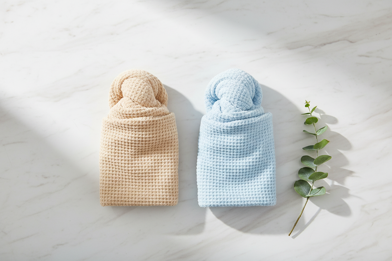Camel and blue microfibre waffle hair towel wraps flat lay on white marble with eucalyptus