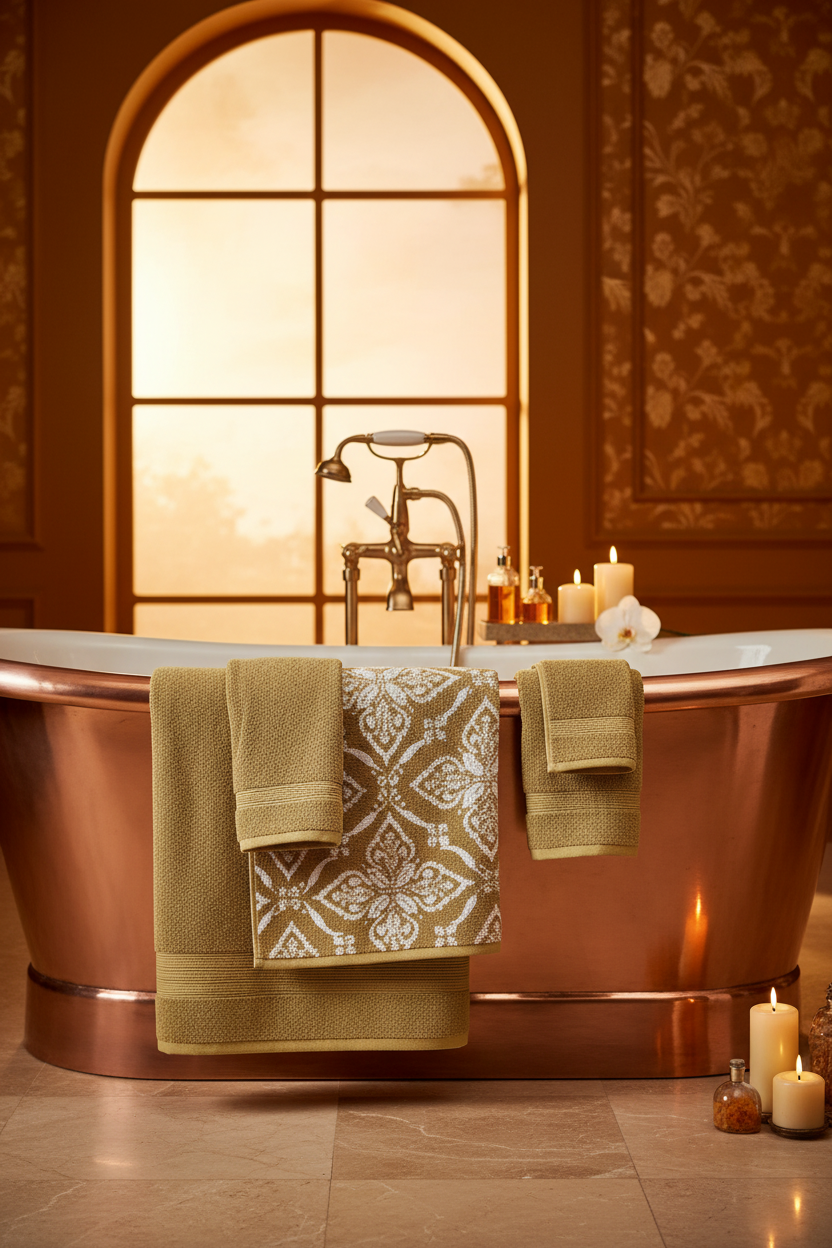 Gold jacquard bath towels draped over copper freestanding bathtub with candles