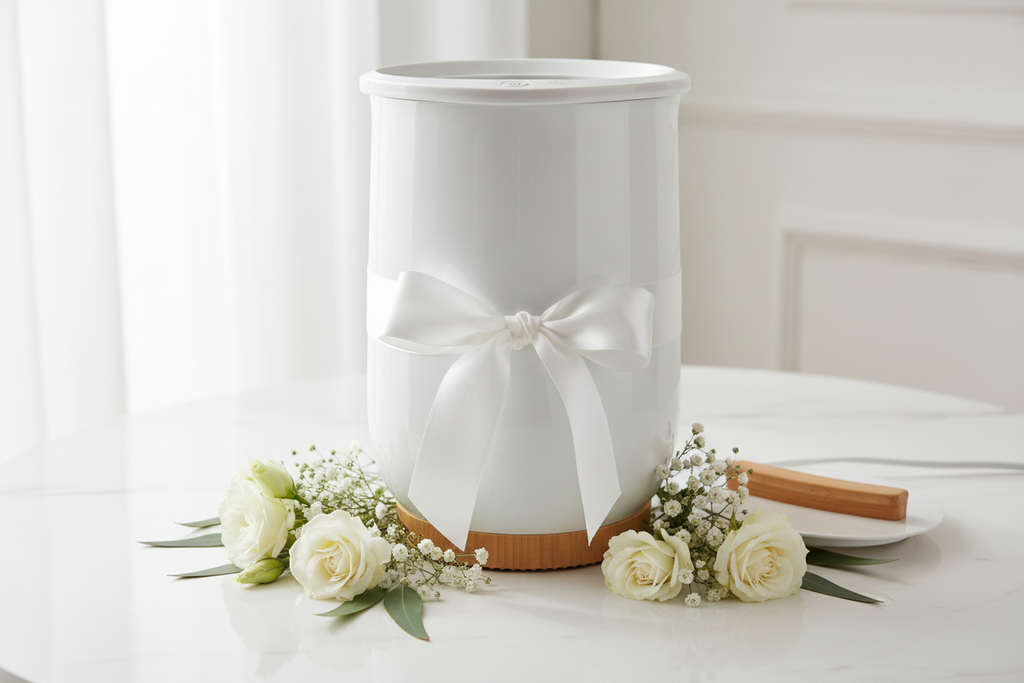 White bucket towel warmer with bamboo accents styled as a luxury gift with satin ribbon, white flowers and eucalyptus