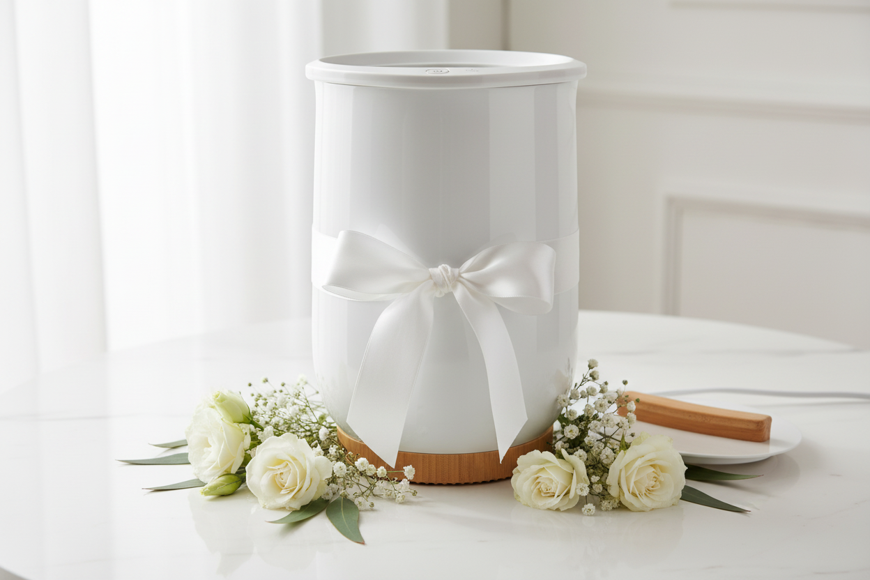 White bucket towel warmer with bamboo accents styled as a luxury gift with satin ribbon, white flowers and eucalyptus