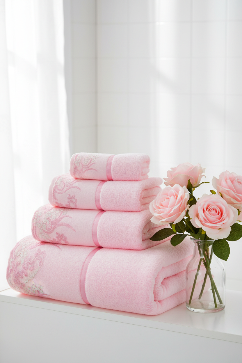 Pink lace towel set folded on white bathroom shelf with fresh pink roses