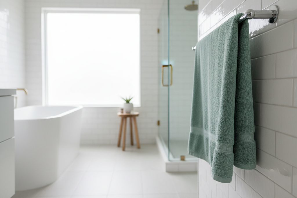Seafoam cotton bath towel hanging on towel rail in modern bathroom