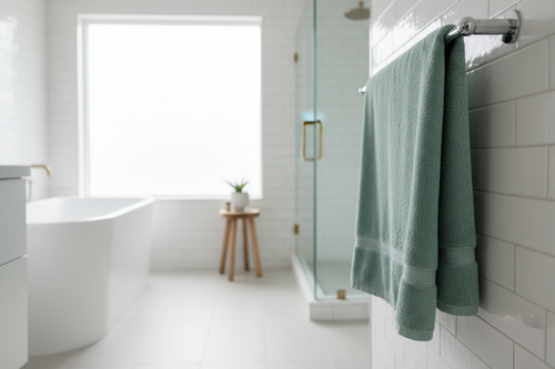 Seafoam cotton bath towel hanging on towel rail in modern bathroom