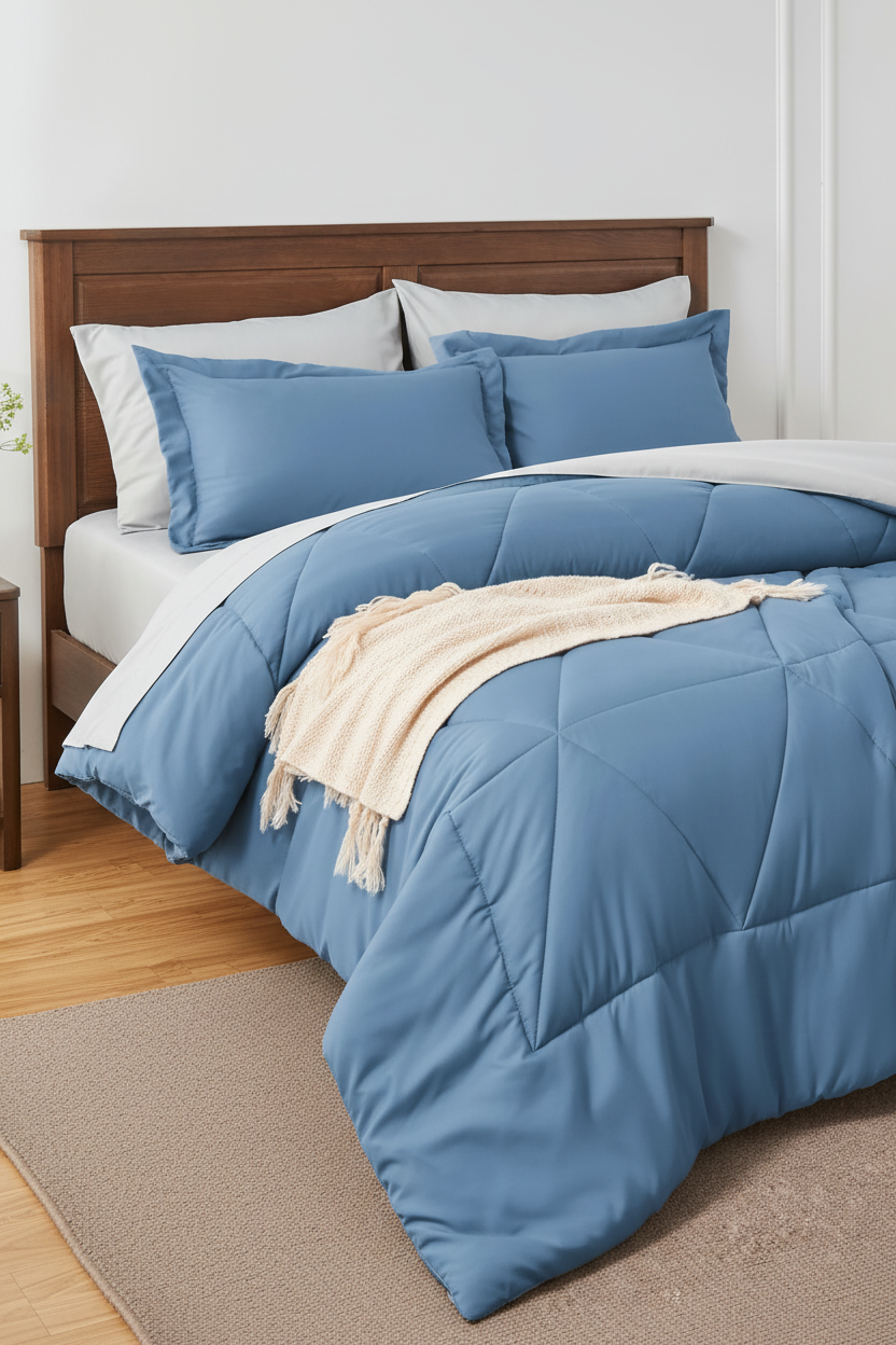Blue microfibre king comforter set on a bed, angled side view showing full bed dressed with fitted sheet, flat sheet folded back and pillow shams in a bright minimal bedroom