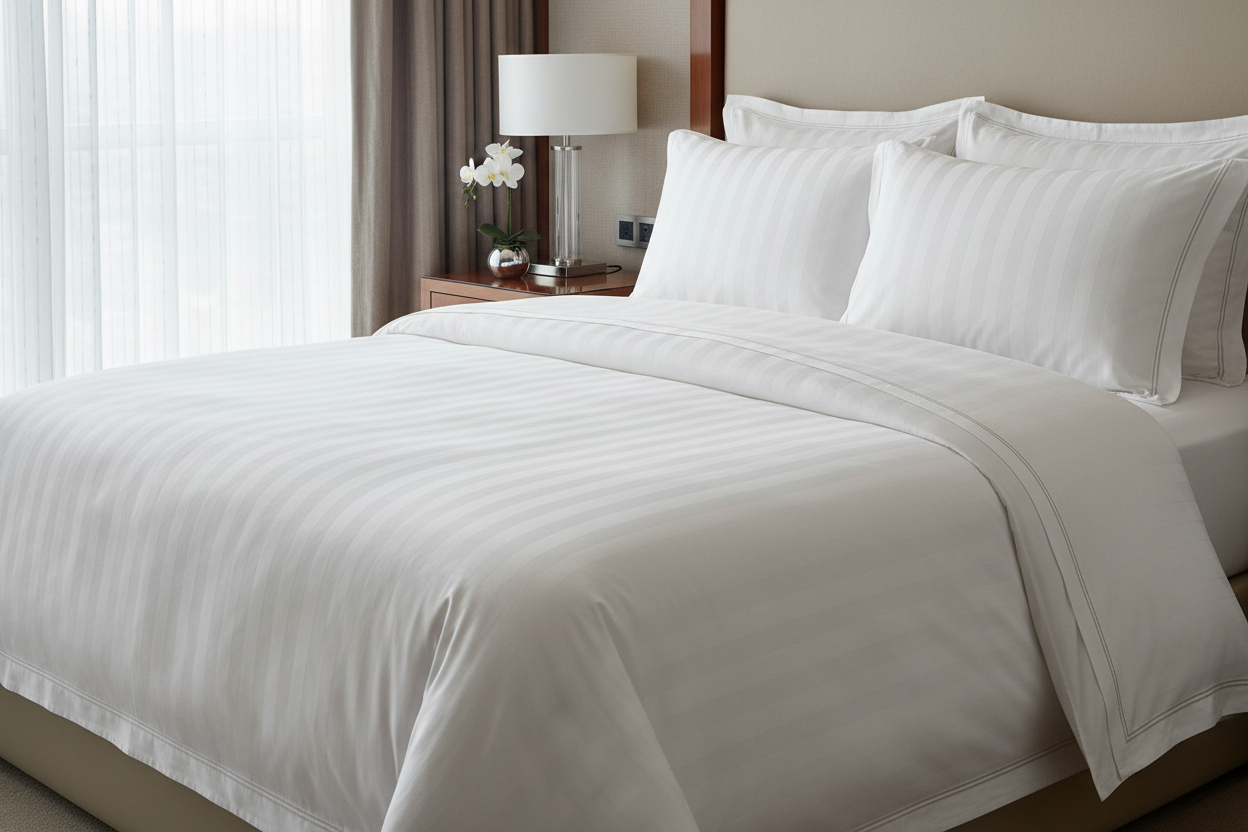 White cotton satin stripe bed linen set on double bed