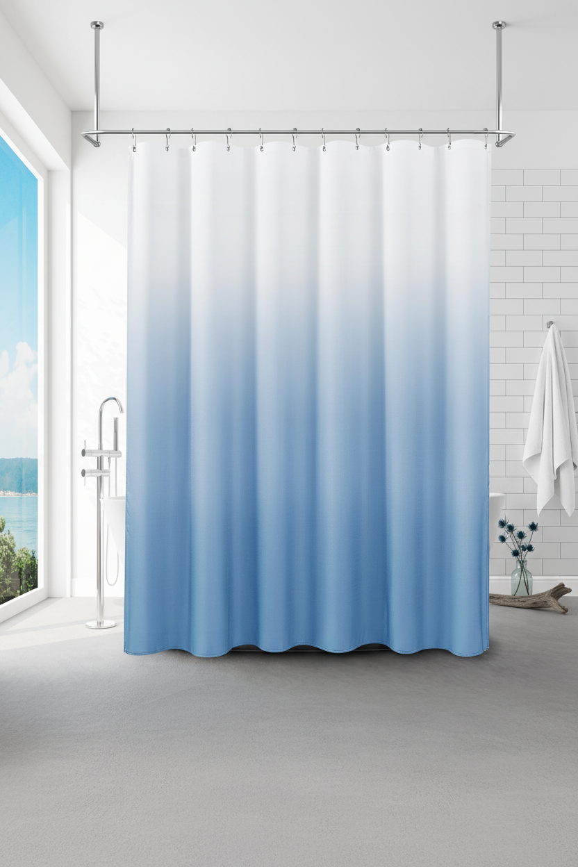 Misty blue ombre shower curtain in beach house bathroom with subway tiles and driftwood accessories