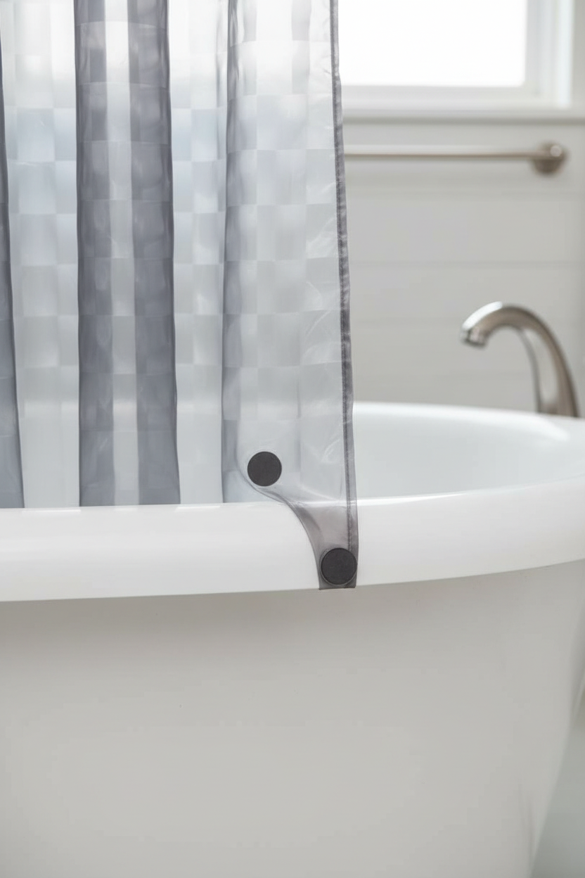 Detail of crystal grey EVA shower curtain liner weighted magnets hugging white bathtub edge