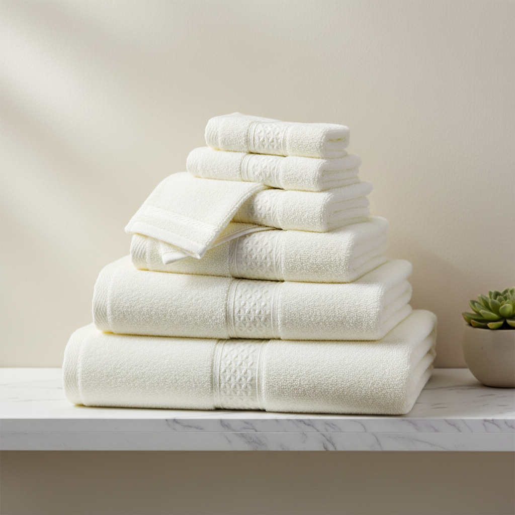 White cotton towel set stacked on marble shelf