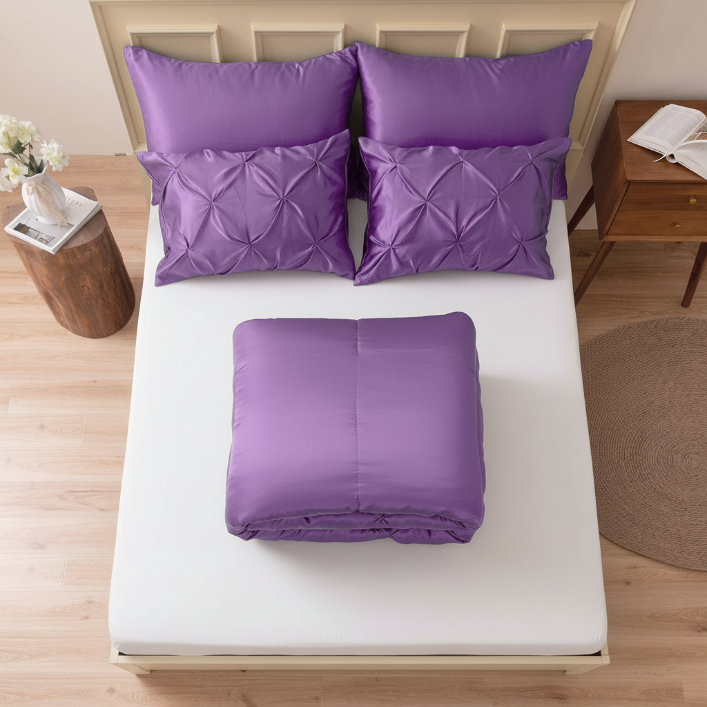 Lavender satin pinch pleat comforter neatly folded and stacked with pillow shams on top