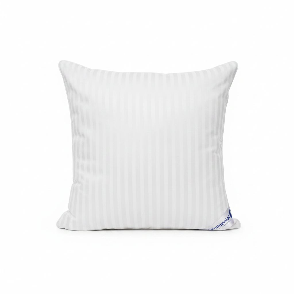Luxury white goose down king pillow with cotton sateen stripe ticking on white background showing full plush loft