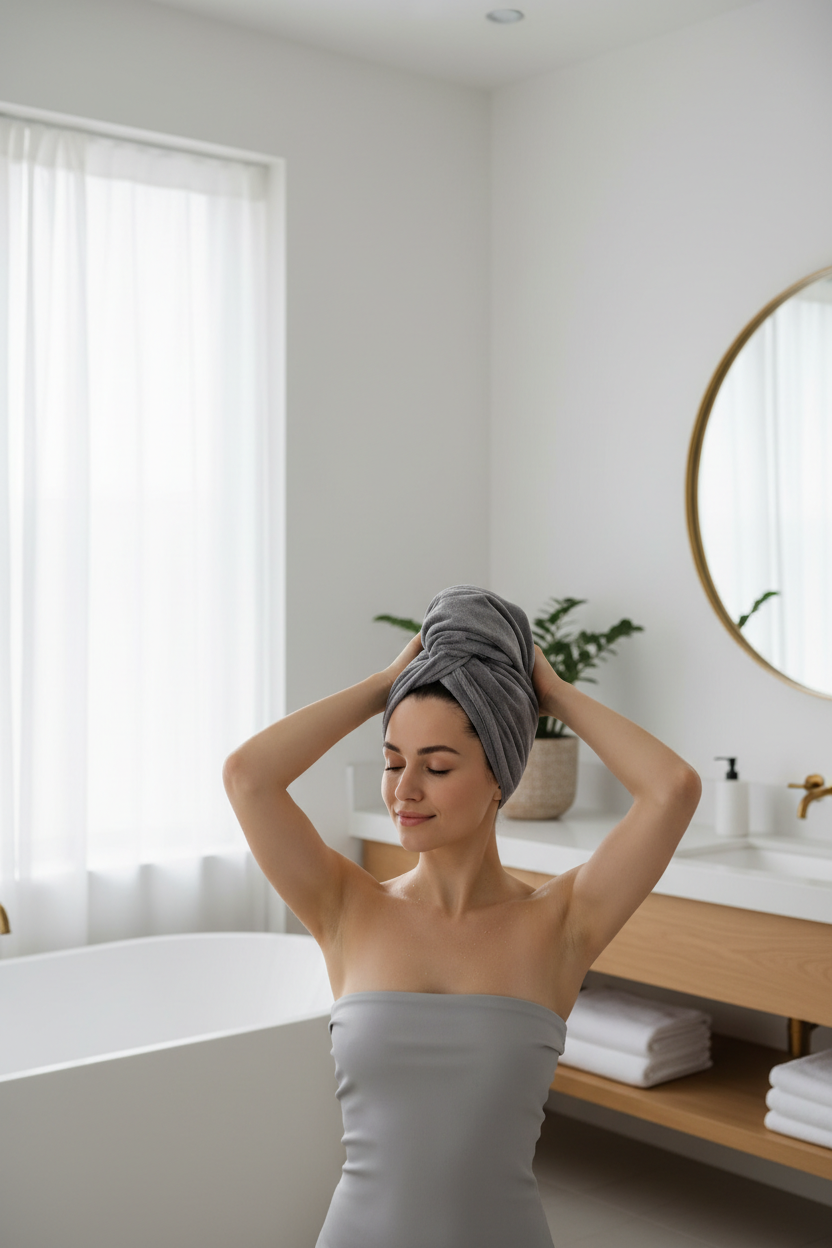 Silk Hair Towel - woman wrapping wet hair in gray silk turban after shower