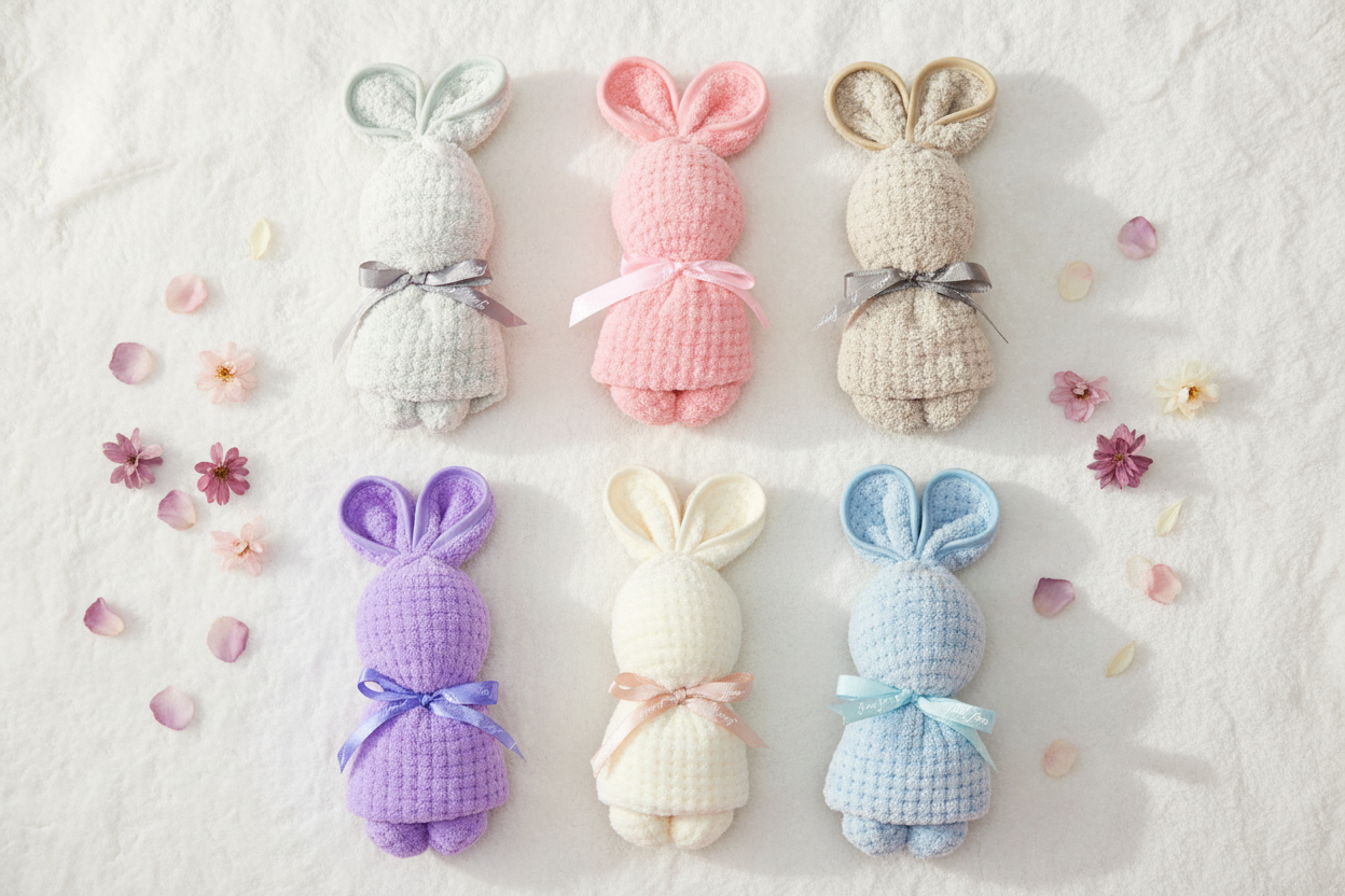 6 pastel bunny-shaped waffle towels in white, pink, beige, purple, cream and blue arranged on a white background with flower petals