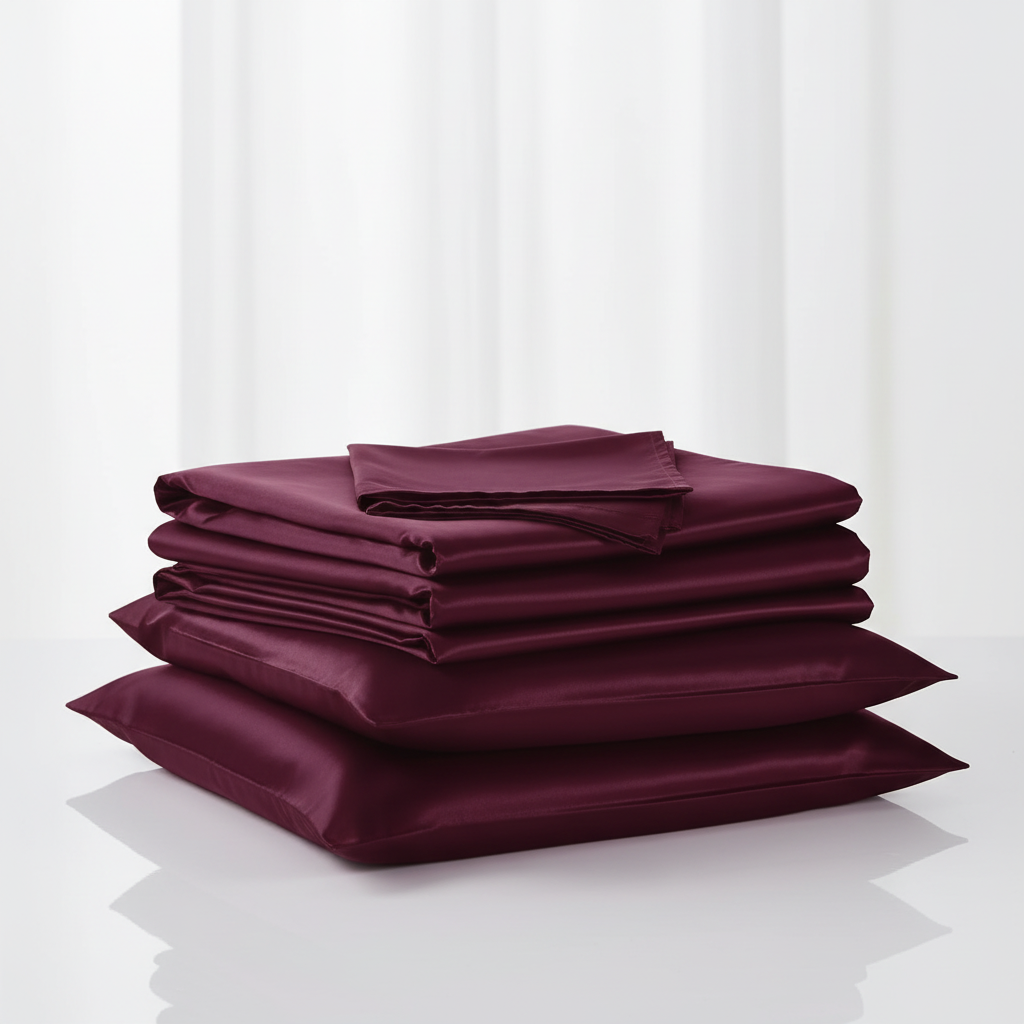 Burgundy satin sheet set neatly folded and stacked showing all 3 pieces