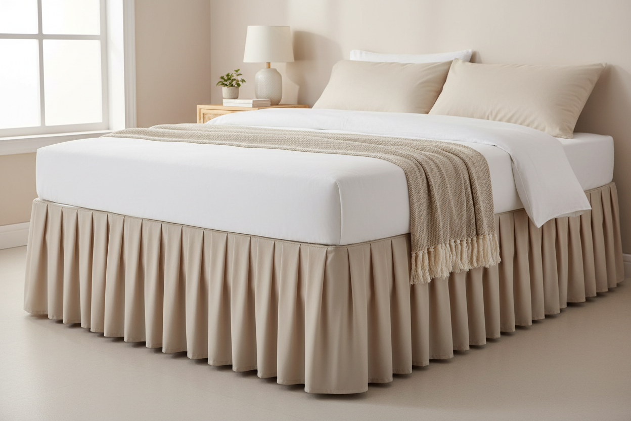 Beige pleated microfiber bed skirt on bed