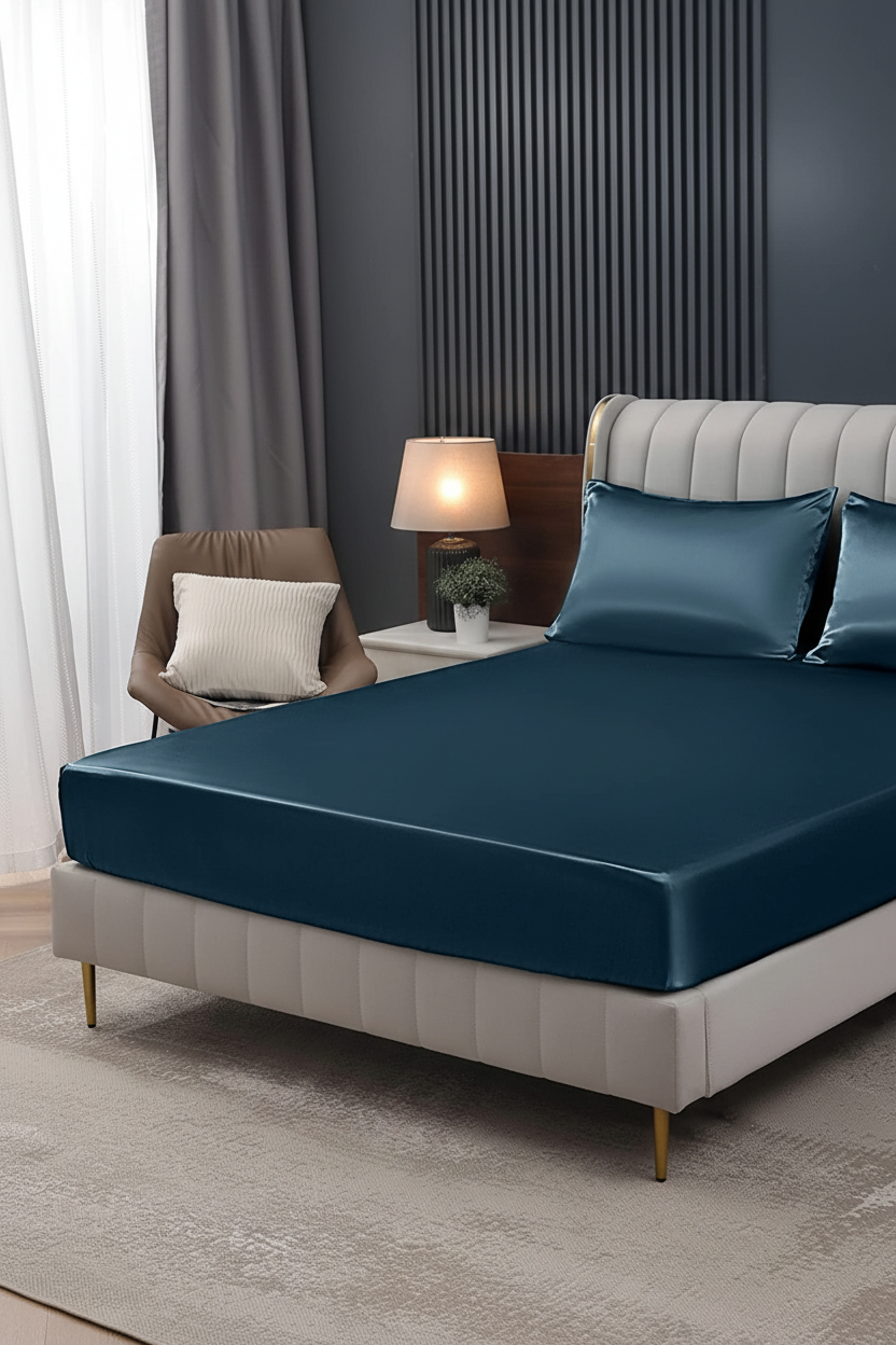 Deep sea blue satin fitted sheet in dark navy luxury bedroom