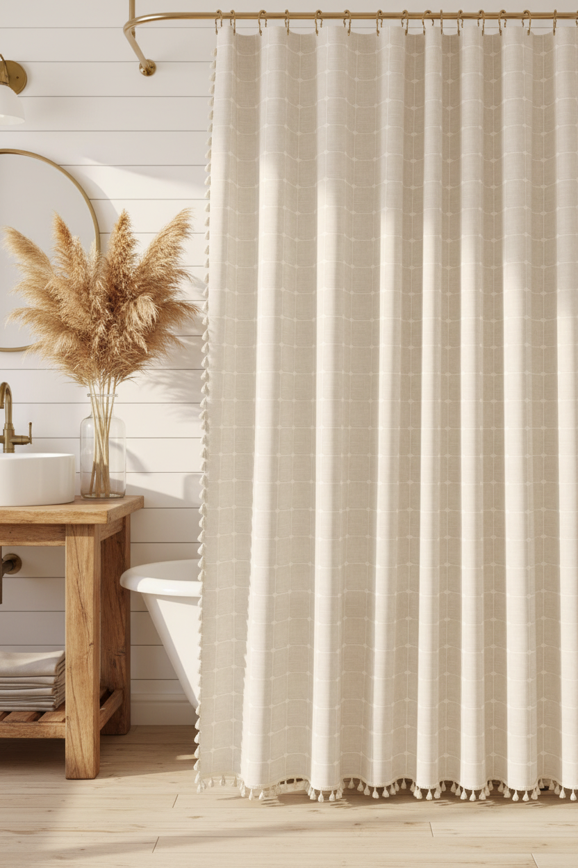 Boho striped shower curtain in farmhouse bathroom with pampas grass