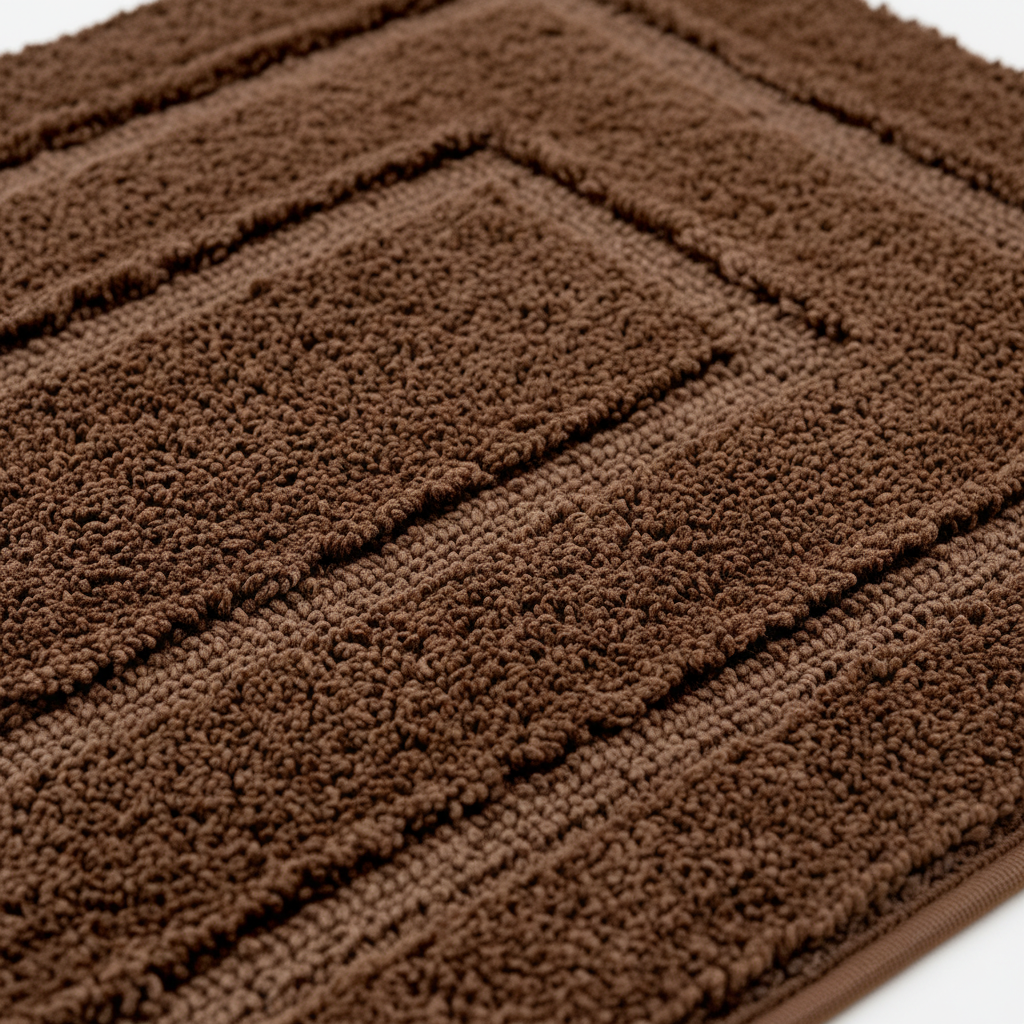 Close-up of brown microfiber bath rug showing thick dense plush pile texture