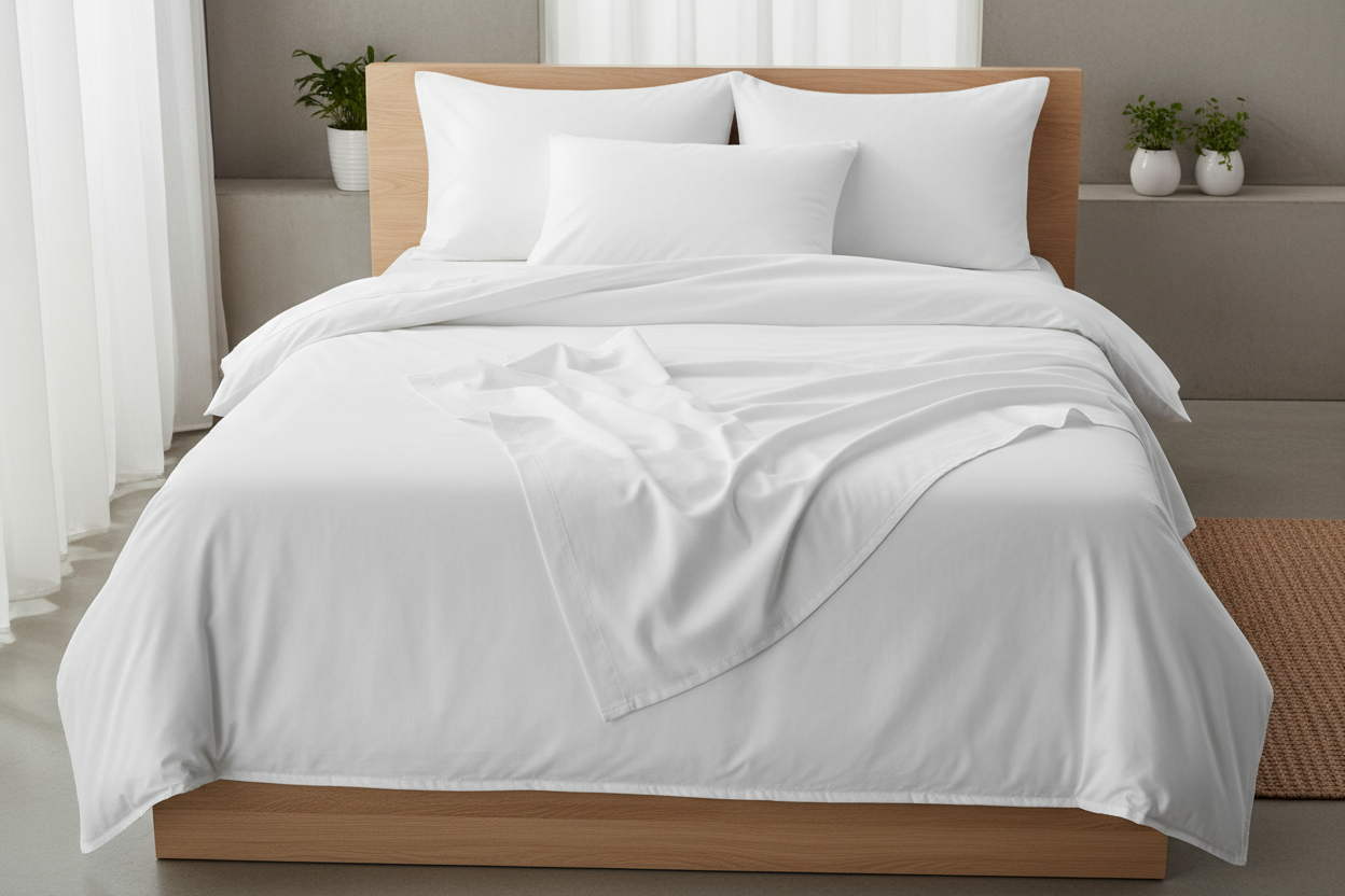 White organic cotton percale sheet set flat lay on bed