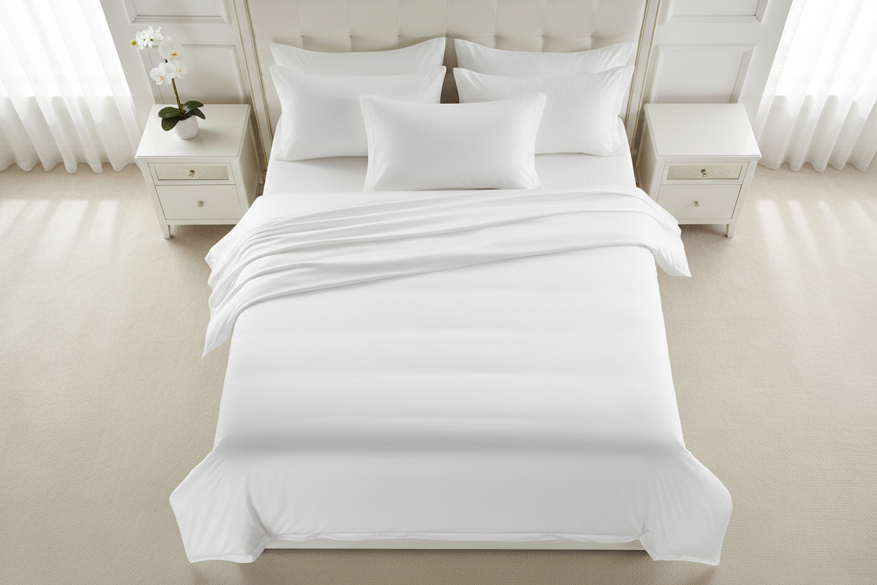White 1500 thread count Egyptian cotton sateen super king sheet set flat lay on super king bed