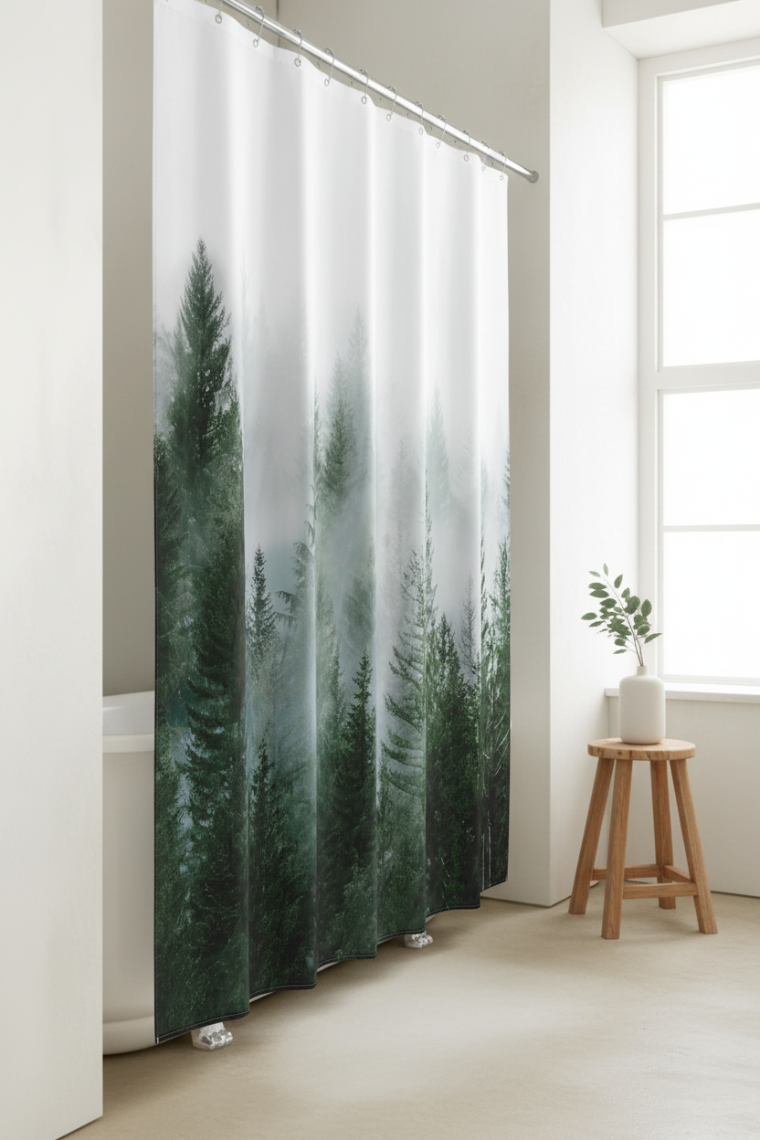 Misty forest shower curtain partially drawn revealing white clawfoot bath with eucalyptus on windowsill