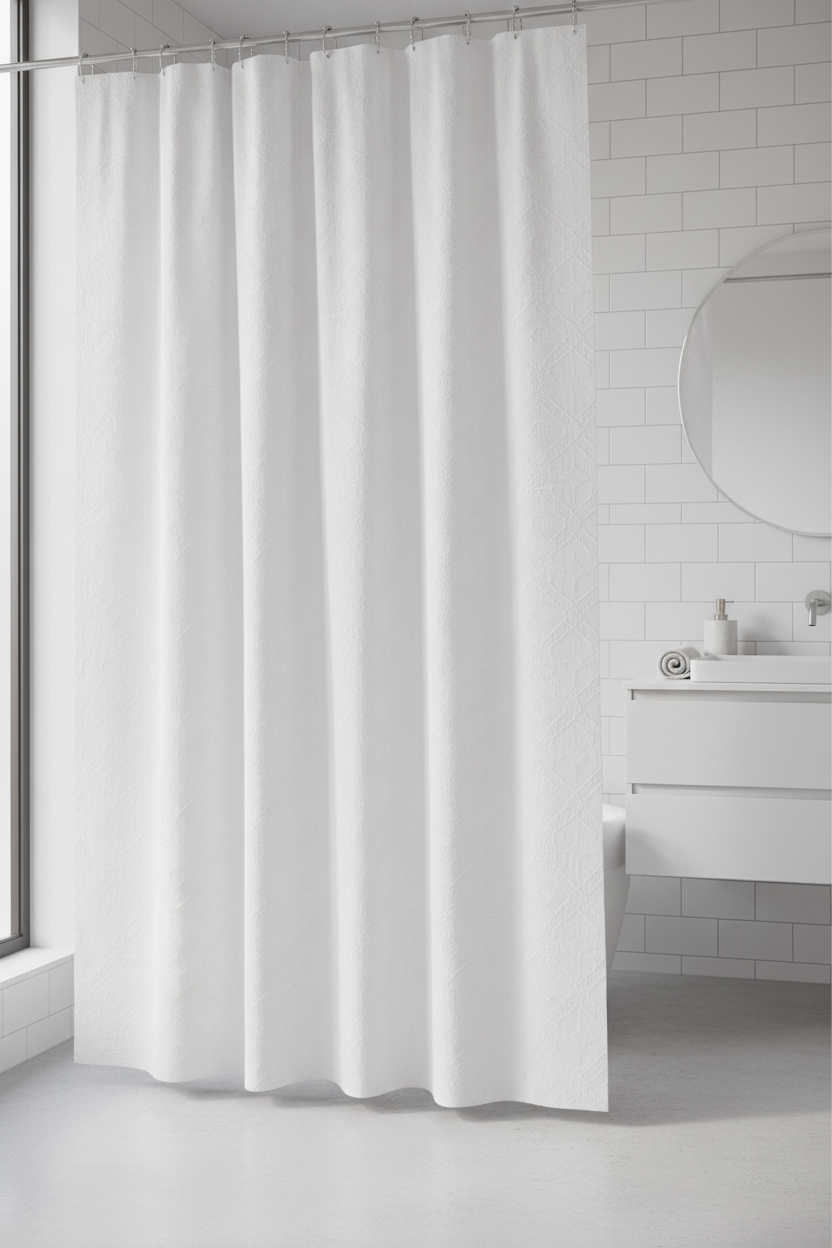 White stall shower curtain hanging in a spa-like bathroom with natural light
