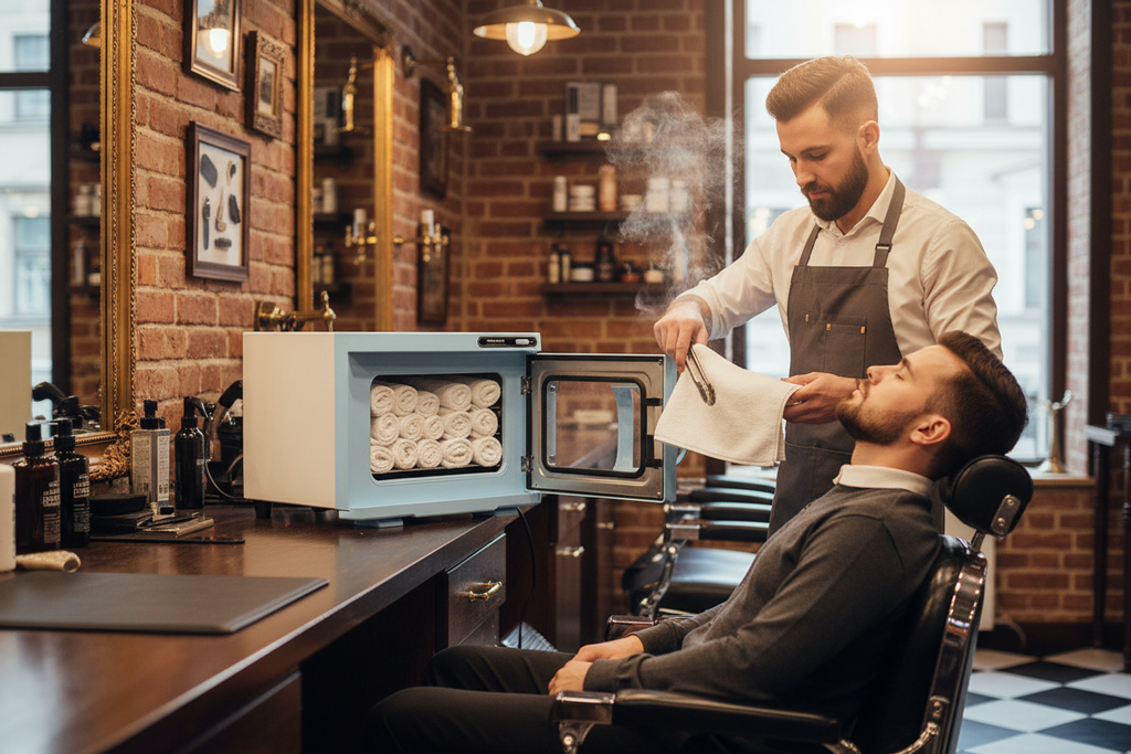 8L blue hot towel warmer cabinet - barbershop setting with barber preparing warm towel