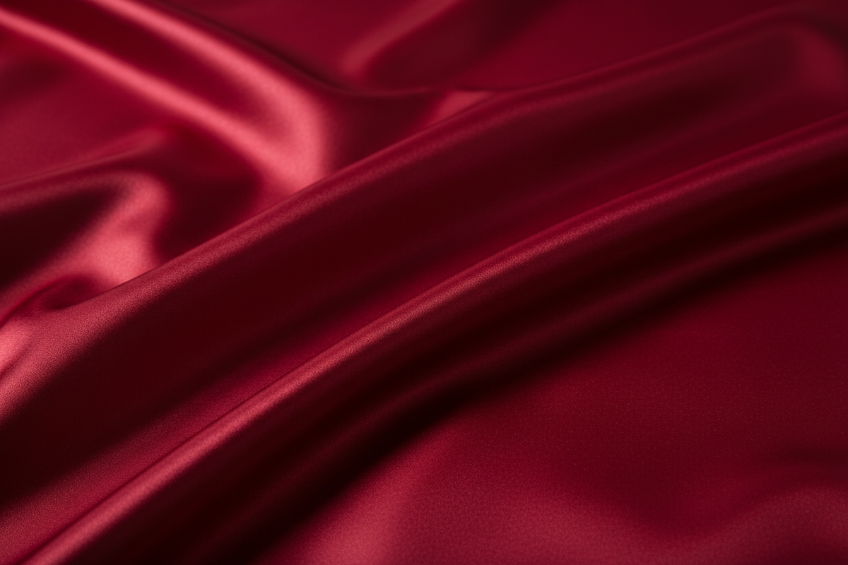 Close-up detail of red satin comforter fabric showing silky smooth lustrous surface