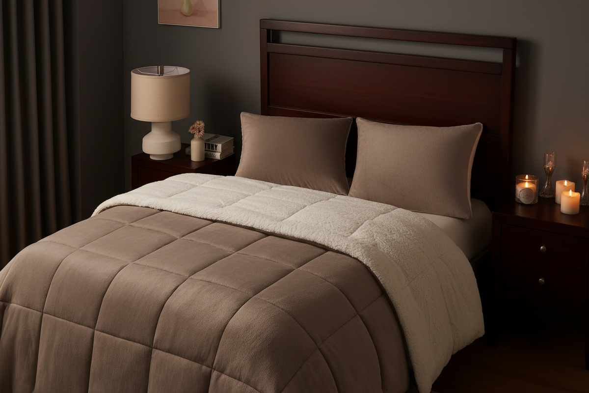 Sherpa sand comforter set in a dark luxury cosy bedroom with warm moody lighting and dark wood furniture