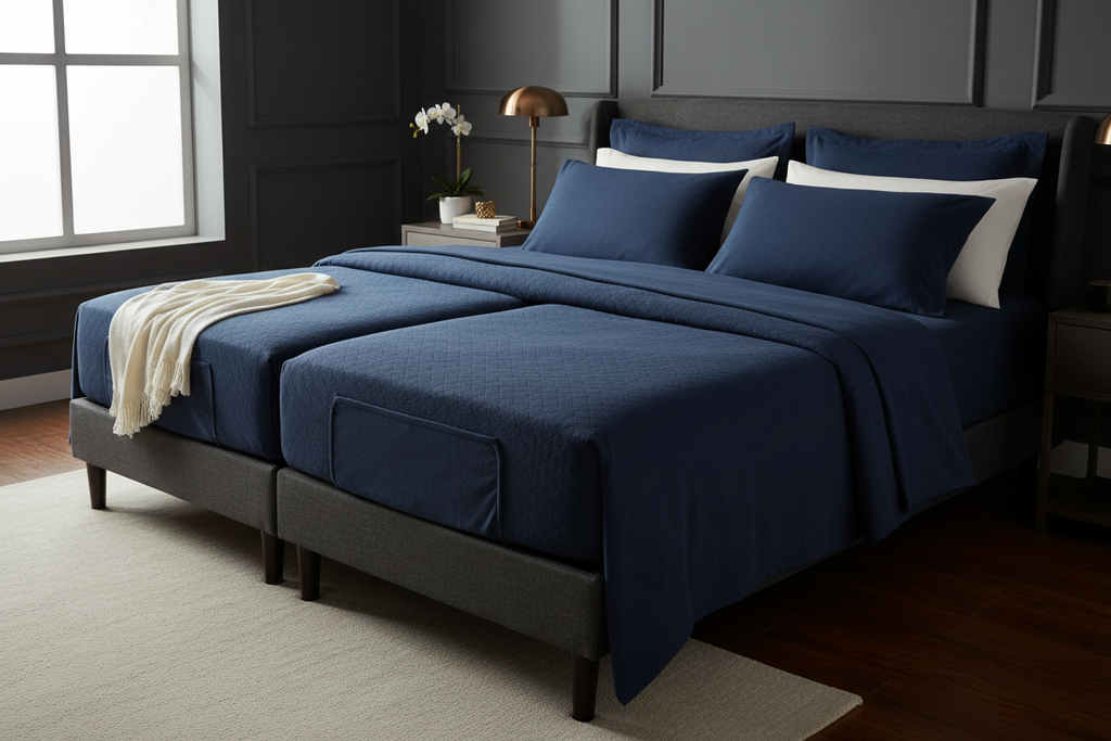 Navy blue extra deep split king sheet set on adjustable bed
