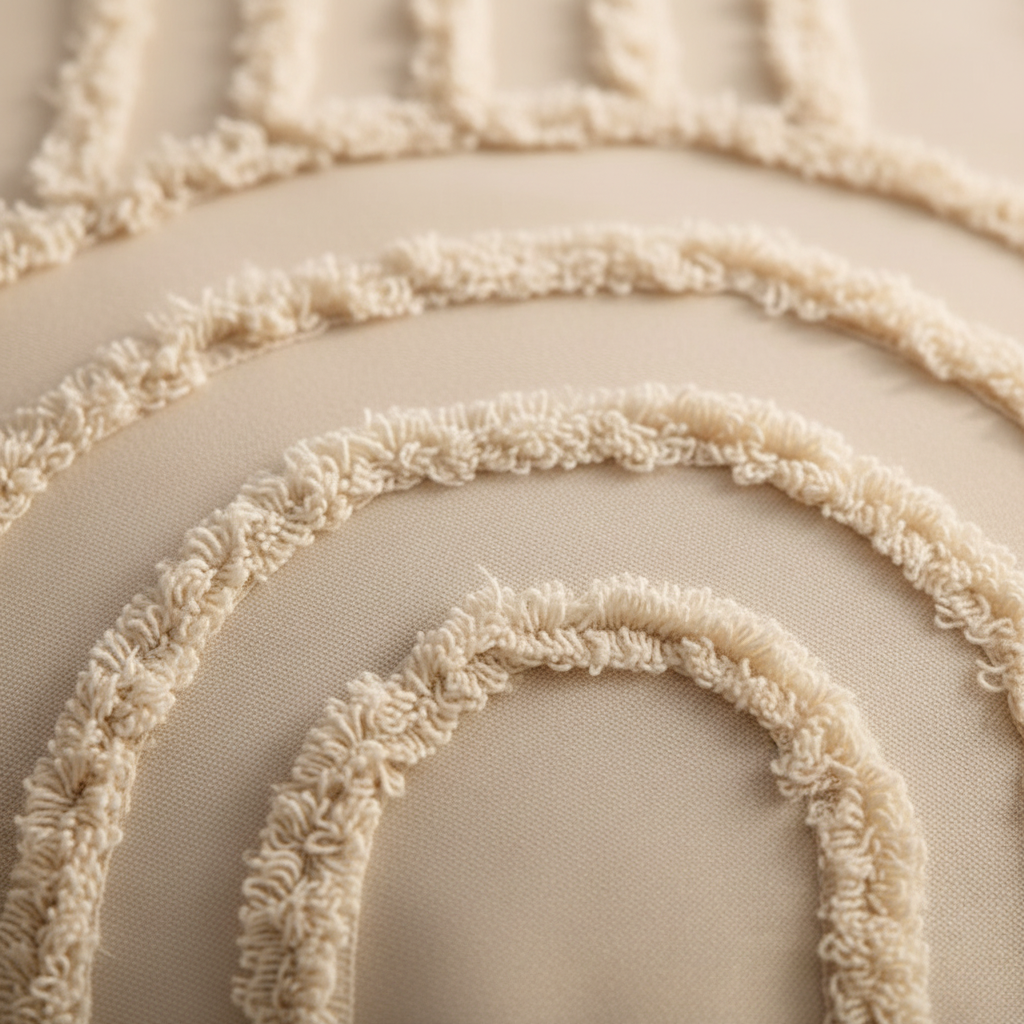 Close-up of beige chenille tufted fabric showing boho rainbow arch pattern and microfibre texture