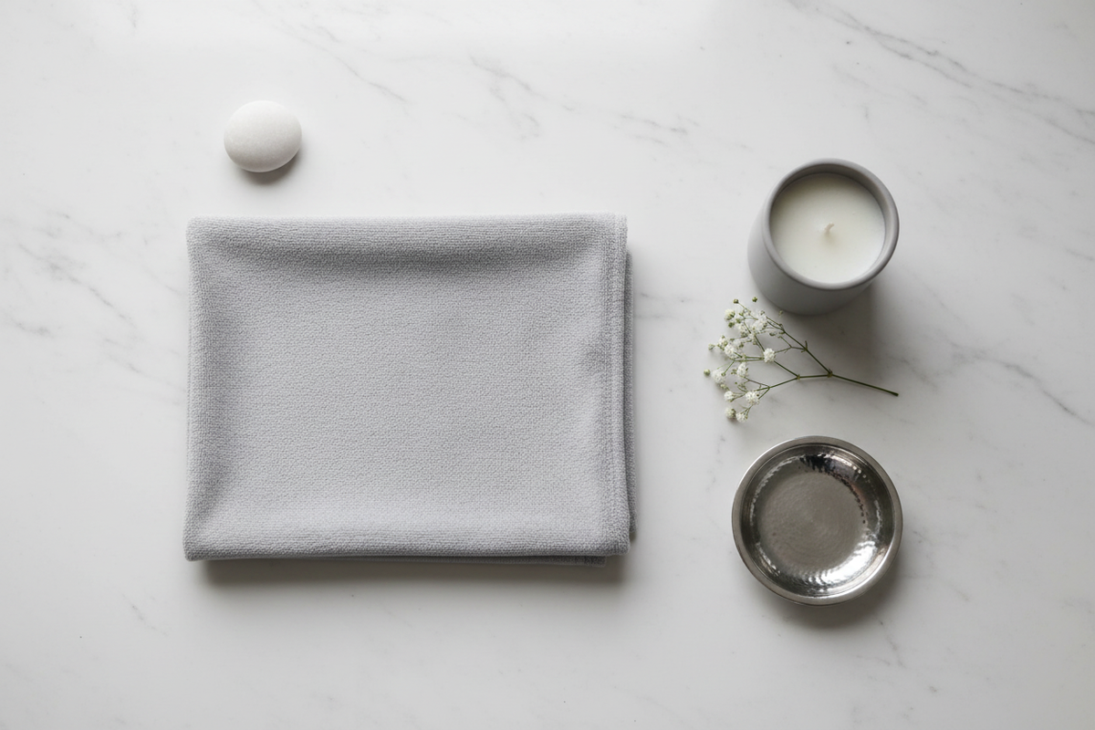 Flat lay of silver grey fabric with grey candle, gypsophila, white pebble and ring dish on marble