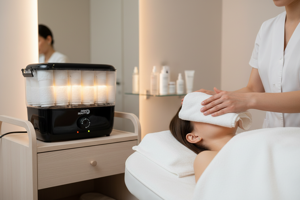 Beautician applying a hot steamed towel to a client's face during a facial using a black towel steamer