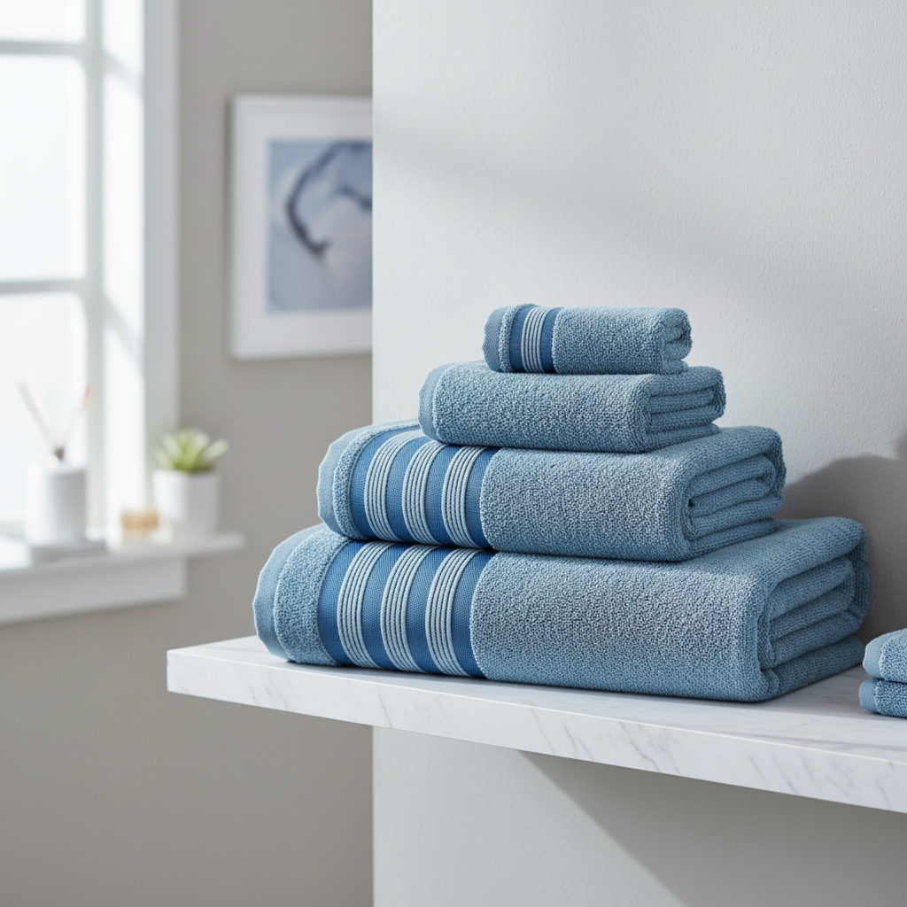 Dusty blue zero-twist cotton 6-piece towel set stacked on marble bathroom shelf