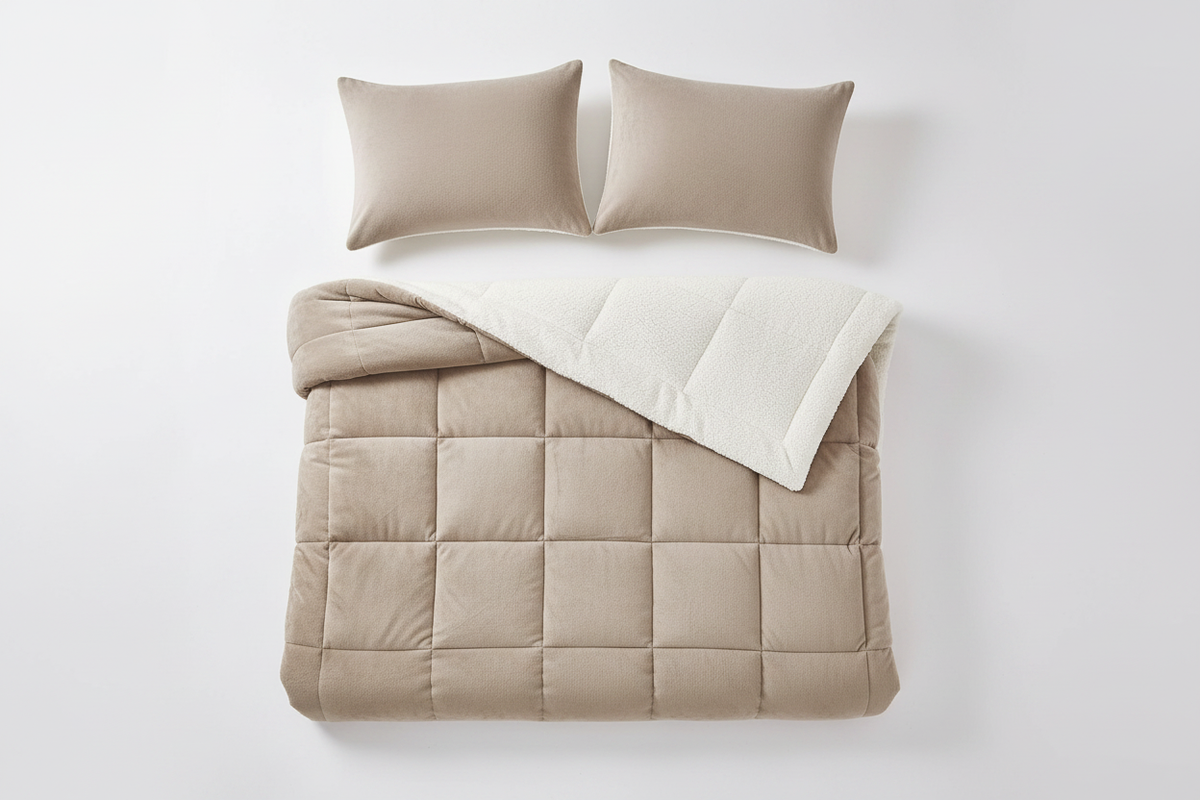Flat lay overhead shot of sherpa sand comforter set with two matching pillowcases on white surface
