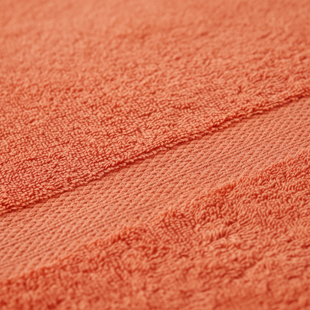 Close-up of tiger lily orange cotton bath towel showing plush pile texture and woven border