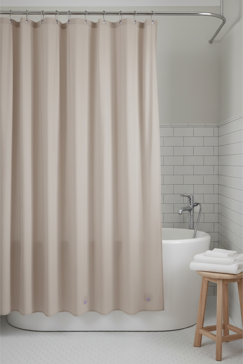 Taupe shower curtain liner with weighted magnets hugging the bathtub edge in a Scandi bathroom