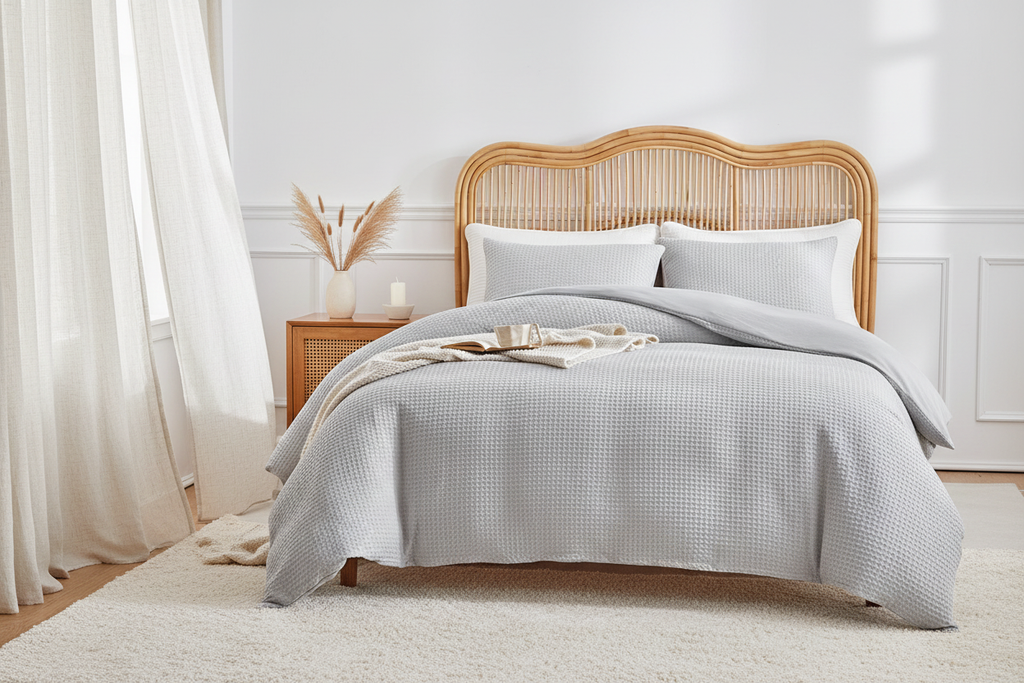 Light grey waffle weave duvet cover set in Scandi-luxe minimal bedroom with oak bedside and pampas grass