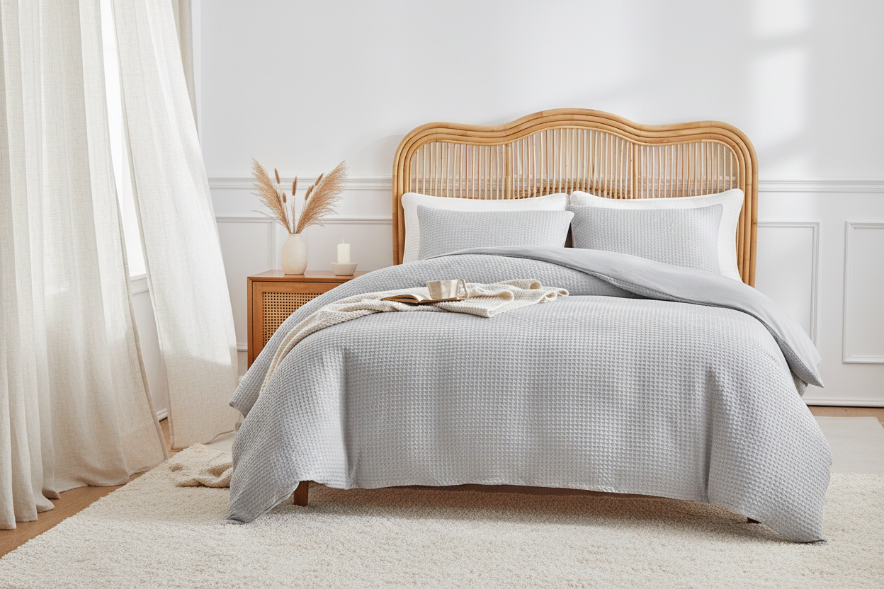 Light grey waffle weave duvet cover set in Scandi-luxe minimal bedroom with oak bedside and pampas grass