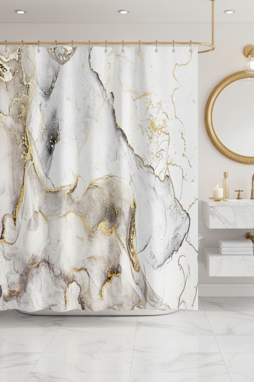 White gold marble shower curtain in glamorous all-white bathroom with gold mirror and marble vanity tray